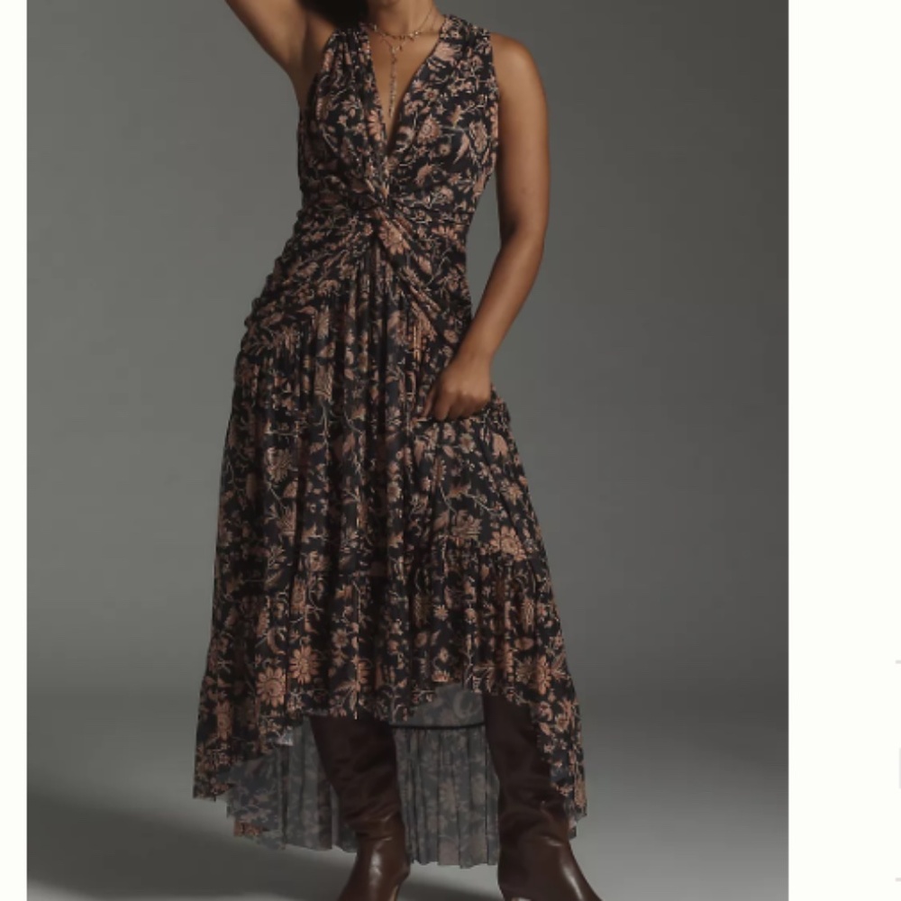 Anthropologie Black Pink Midi Dress with Blush Floral Print high-low hem